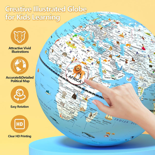 Illuminated Globe for Children with Animal Illustrations Easy to Read - 8'' Small World Globe for Kids Learning Geography Toddler Educational Toy/Birthday Gift for Boys/Girls