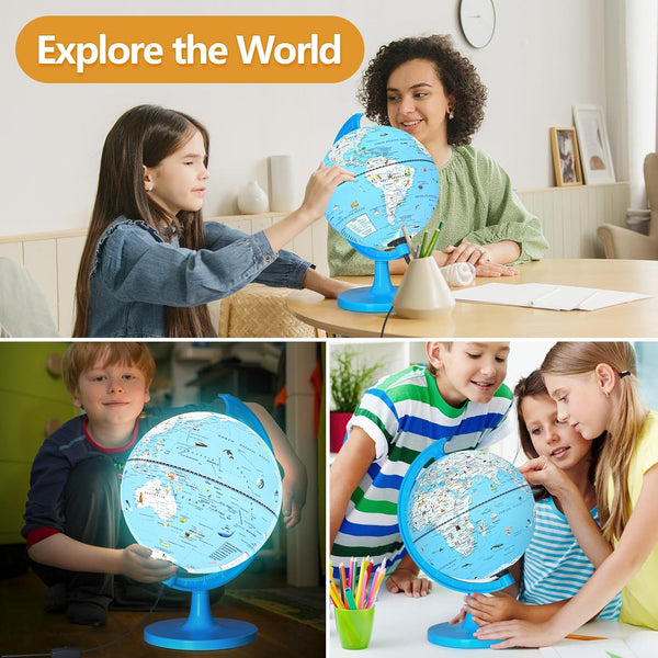 Illuminated Globe for Children with Animal Illustrations Easy to Read - 8'' Small World Globe for Kids Learning Geography Toddler Educational Toy/Birthday Gift for Boys/Girls