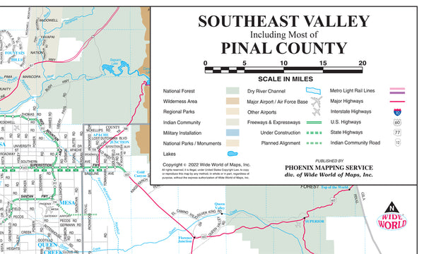 Southeast Valley and Central Pinal County Desk Map Gloss Laminated - Wide World Maps & MORE!