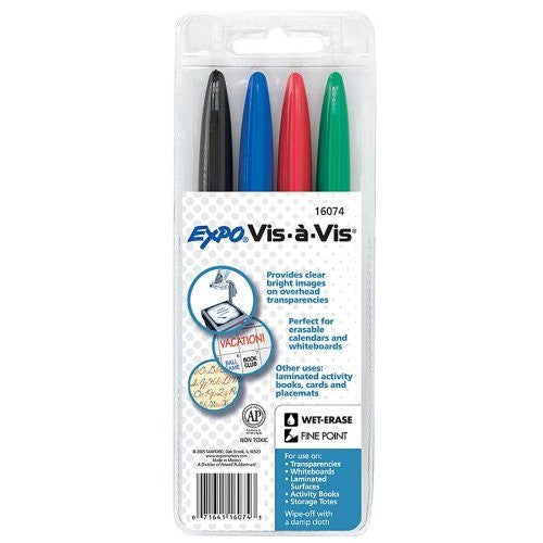 EXPO : Vis--Vis Wet-Erase Overhead Projection Marker, Fine Point, Asstd., 4 per Set -:- Sold as 2 Packs of - 4 - / - Total of 8 Each - Wide World Maps & MORE! - Office Product - Expo - Wide World Maps & MORE!