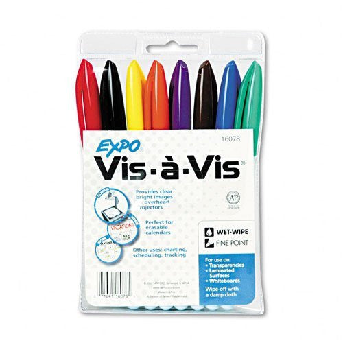 EXPO : Vis--Vis Wet-Erase Overhead Projection Marker, Fine Point, Assorted, 8 per Set -:- Sold as 2 Packs of - 8 - / - Total of 16 Each - Wide World Maps & MORE! - Grocery - Expo - Wide World Maps & MORE!