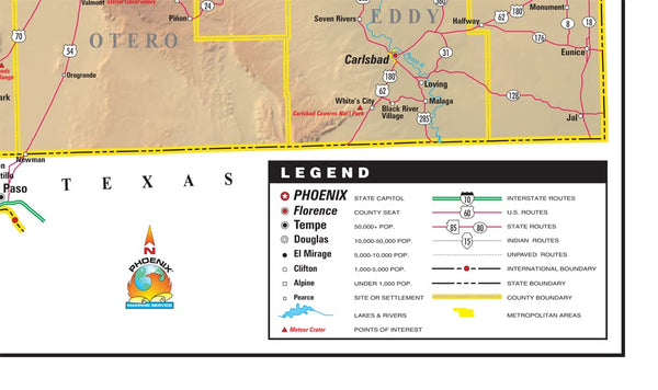 Arizona & New Mexico Physical Highways Wall Map Gloss Laminated - Wide World Maps & MORE!