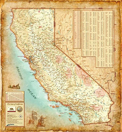 Antique Style CALIFORNIA Wall Map *Laminated* 36"x39" Beautiful - Wide World Maps & MORE! - Map - CompArt Maps - Wide World Maps & MORE!
