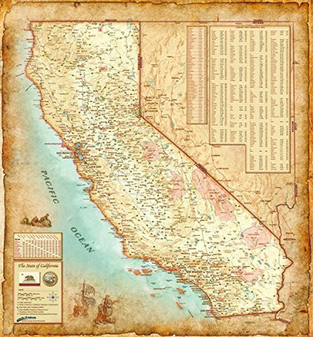 Antique Style CALIFORNIA Wall Map *Laminated* 36"x39" Beautiful - Wide World Maps & MORE! - Map - CompArt Maps - Wide World Maps & MORE!