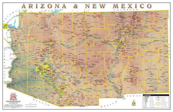 Arizona & New Mexico Physical Highways Wall Map Gloss Laminated - Wide World Maps & MORE!