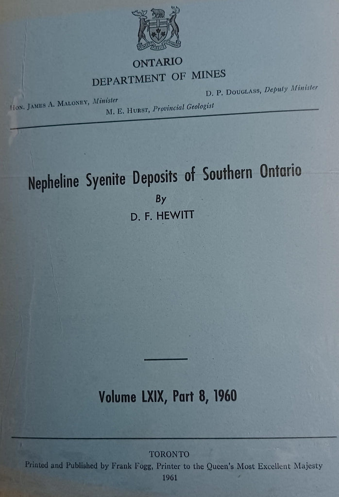 Nepheline syenite deposits of Southern Ontario (Geological report / Ontario, Department of Mines) [Unknown Binding] Hewitt, Donald F - Wide World Maps & MORE!