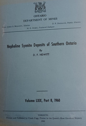 Nepheline syenite deposits of Southern Ontario (Geological report / Ontario, Department of Mines) [Unknown Binding] Hewitt, Donald F - Wide World Maps & MORE!