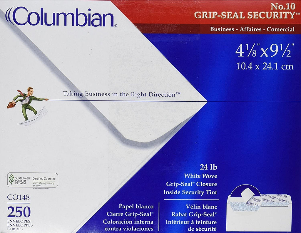 Columbian #10 Security Tinted Envelopes, Grip-Seal, 4-1/8" x 9-1/2", White, 250 Per Box (CO148) - Wide World Maps & MORE! - Kitchen - Columbian Envelopes - Wide World Maps & MORE!