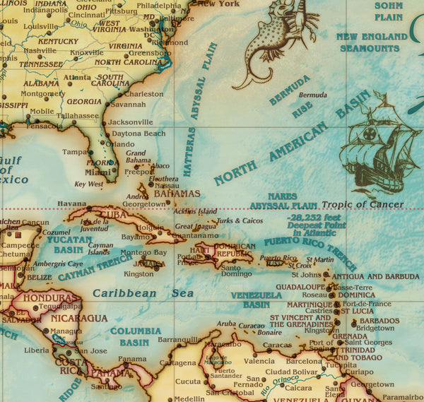 Antique-Style World USA-Centered Small Gloss Laminated - Wide World Maps & MORE! - Map - Wide World Maps & MORE! - Wide World Maps & MORE!